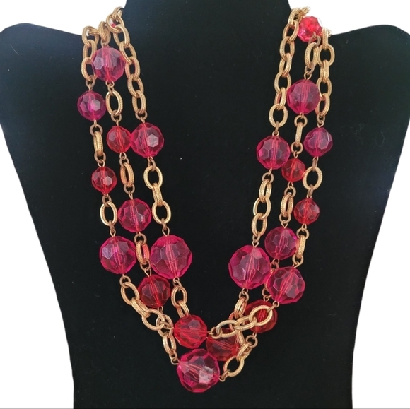 Vintage - Magenta Glass and Gold Link Statement Necklace - Picture 1 of 3